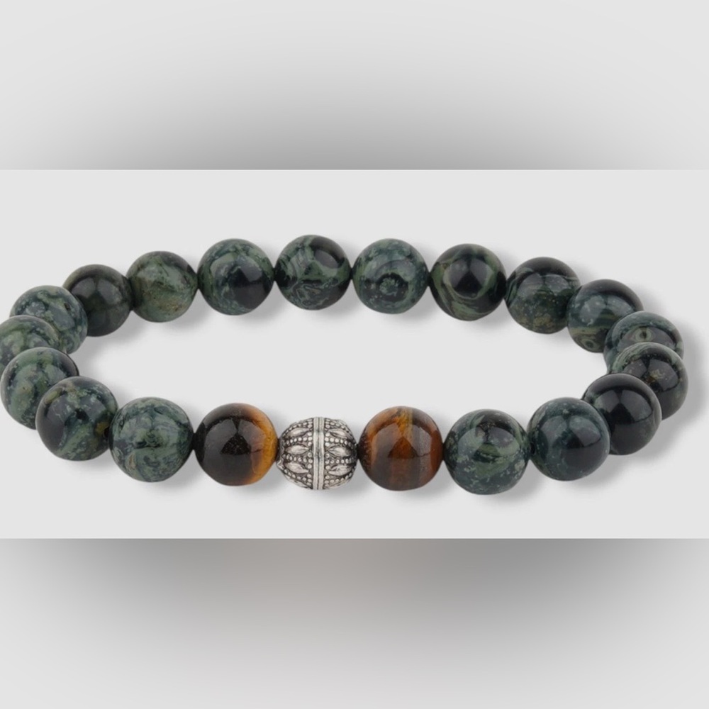 Bespoke New York Men's Stone Green Tiger eye silky marble gemstone Bracelet